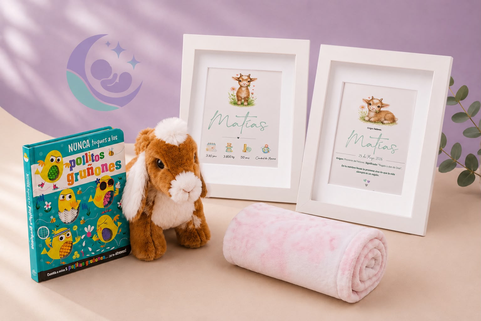 Kit New Born Carameluna: peluche personalizado, cuadros con el nombre, mantita y libro para bebé