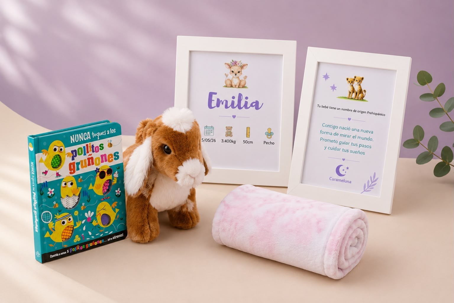 Kit New Born Carameluna: peluche personalizado, cuadros con el nombre, mantita y libro para bebé