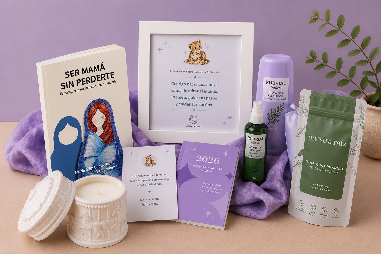 Kit New Mom Carameluna: té, vela, cojín de semillas, crema y libreta para la nueva mamá