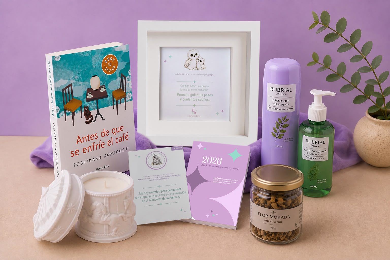 Kit New Mom Carameluna: té, vela, cojín de semillas, crema y libreta para la nueva mamá